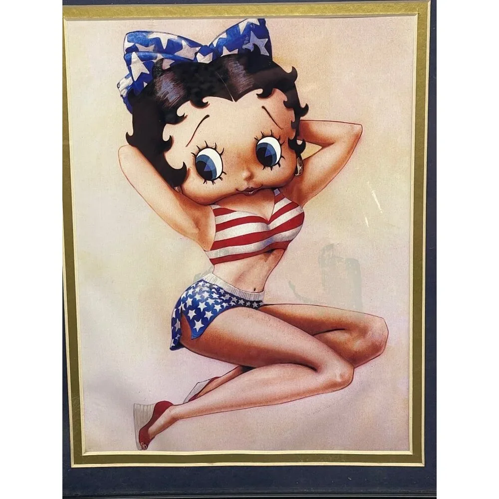 Betty Boop black framed wall artwork red white blue stars stripes 16x13" READ - Picture 2 of 7